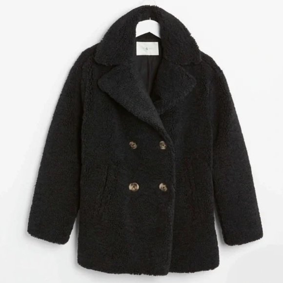 Lou & Grey Oversized Double Breasted Teddy Coat in Black Sherpa - Picture 1 of 5